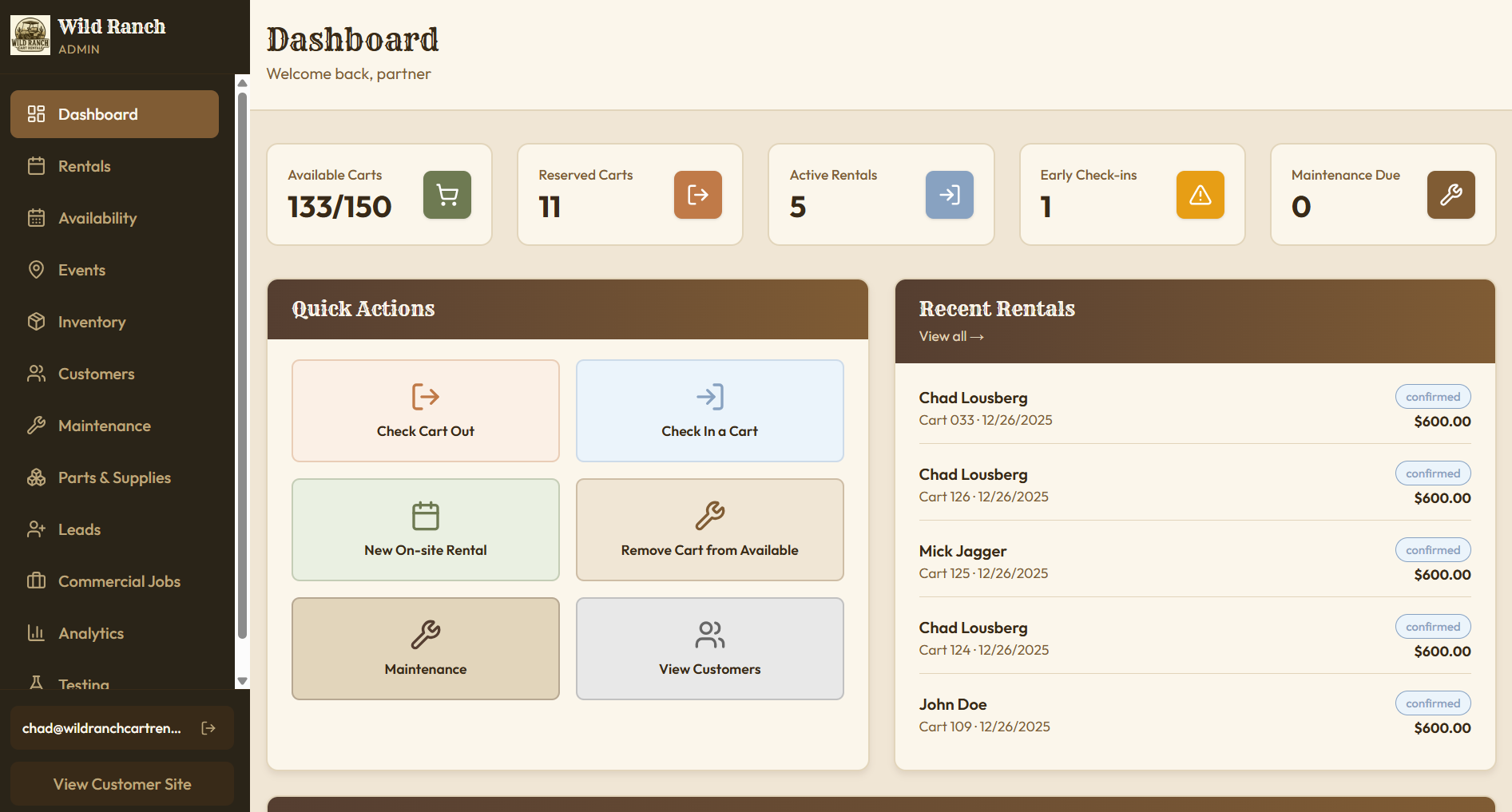 Wild Ranch Cart Rentals website screenshot